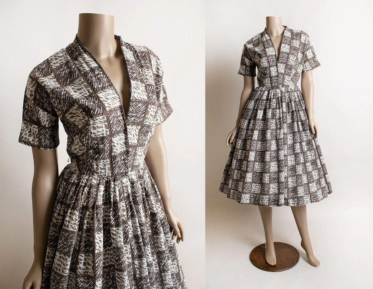 Vintage 50s Light Taupe Brown Black and White Abstract Square Checkered Print Cotton Shirtwaist Midi Dress - Image 3