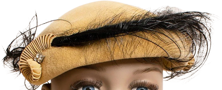 Vintage 50s Mustard Yellow and Black Swirl Feather Tilt Hat The Gray Shop Oakland Velour Rhinestone by The Gray Shop