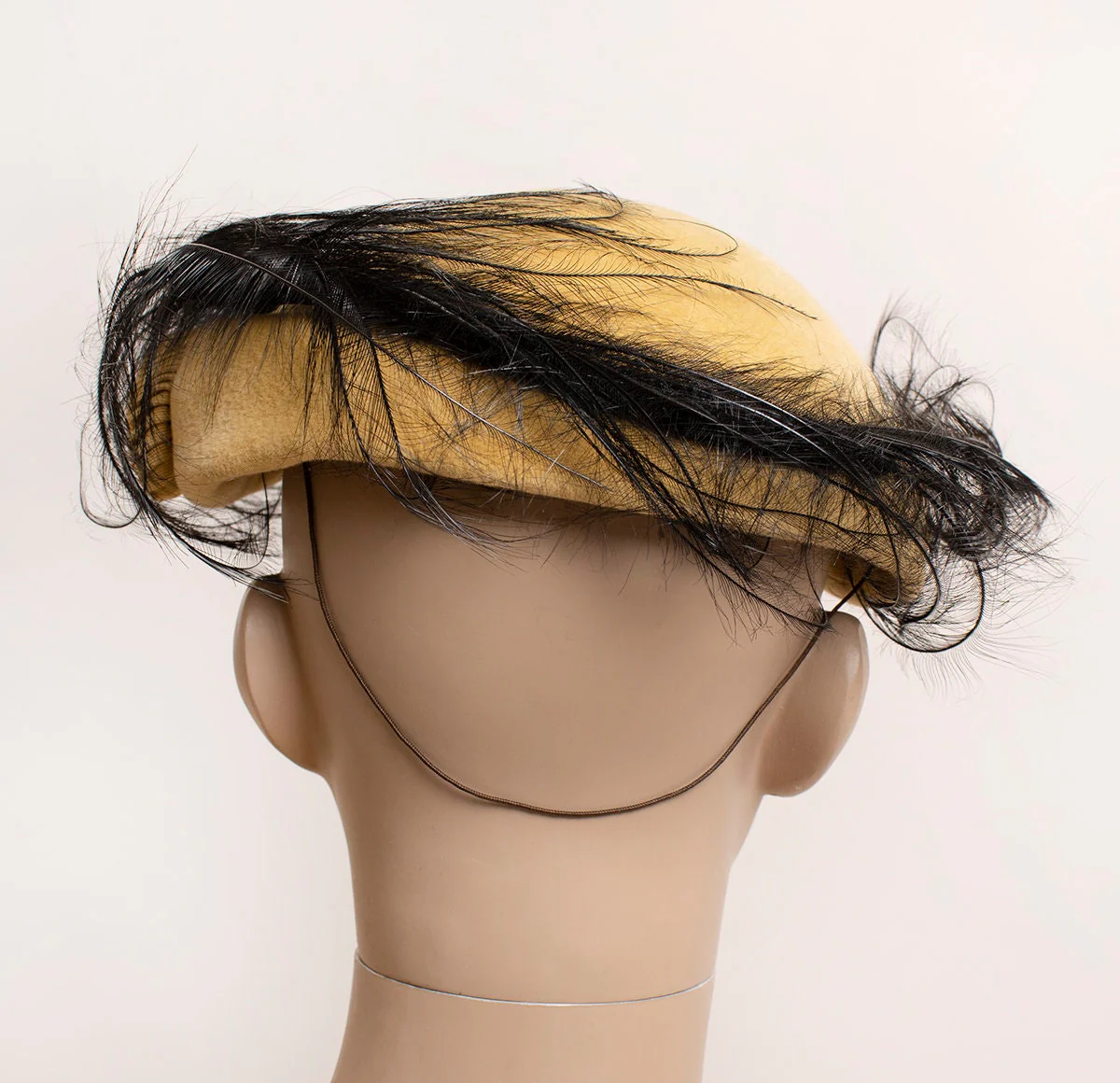 Vintage 50s Mustard Yellow and Black Swirl Feather Tilt Hat The Gray Shop Oakland Velour Rhinestone by The Gray Shop - Image 5