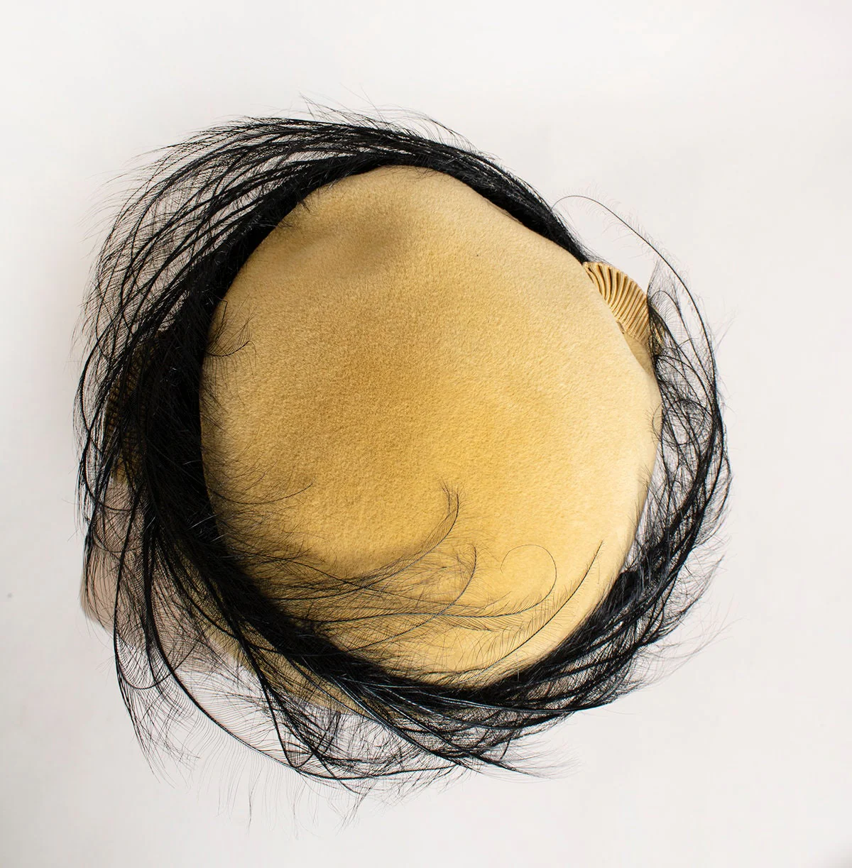 Vintage 50s Mustard Yellow and Black Swirl Feather Tilt Hat The Gray Shop Oakland Velour Rhinestone by The Gray Shop - Image 6