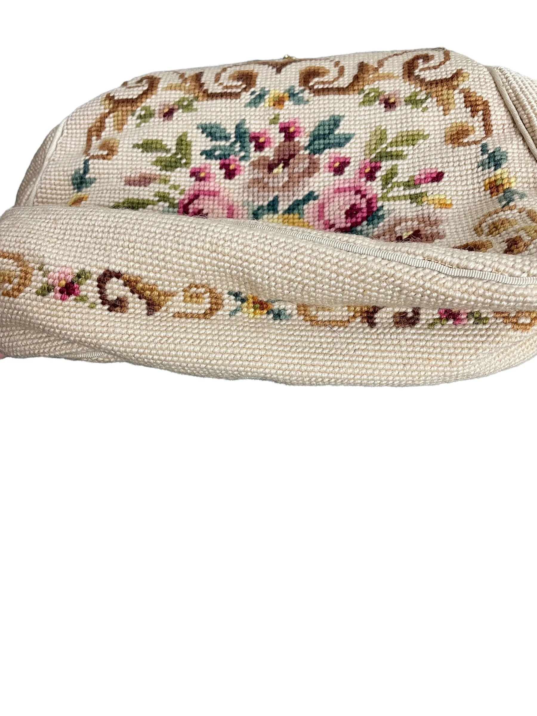 Vintage 50s Needlepoint Beige Floral Filagree Purse Handbag - Image 3