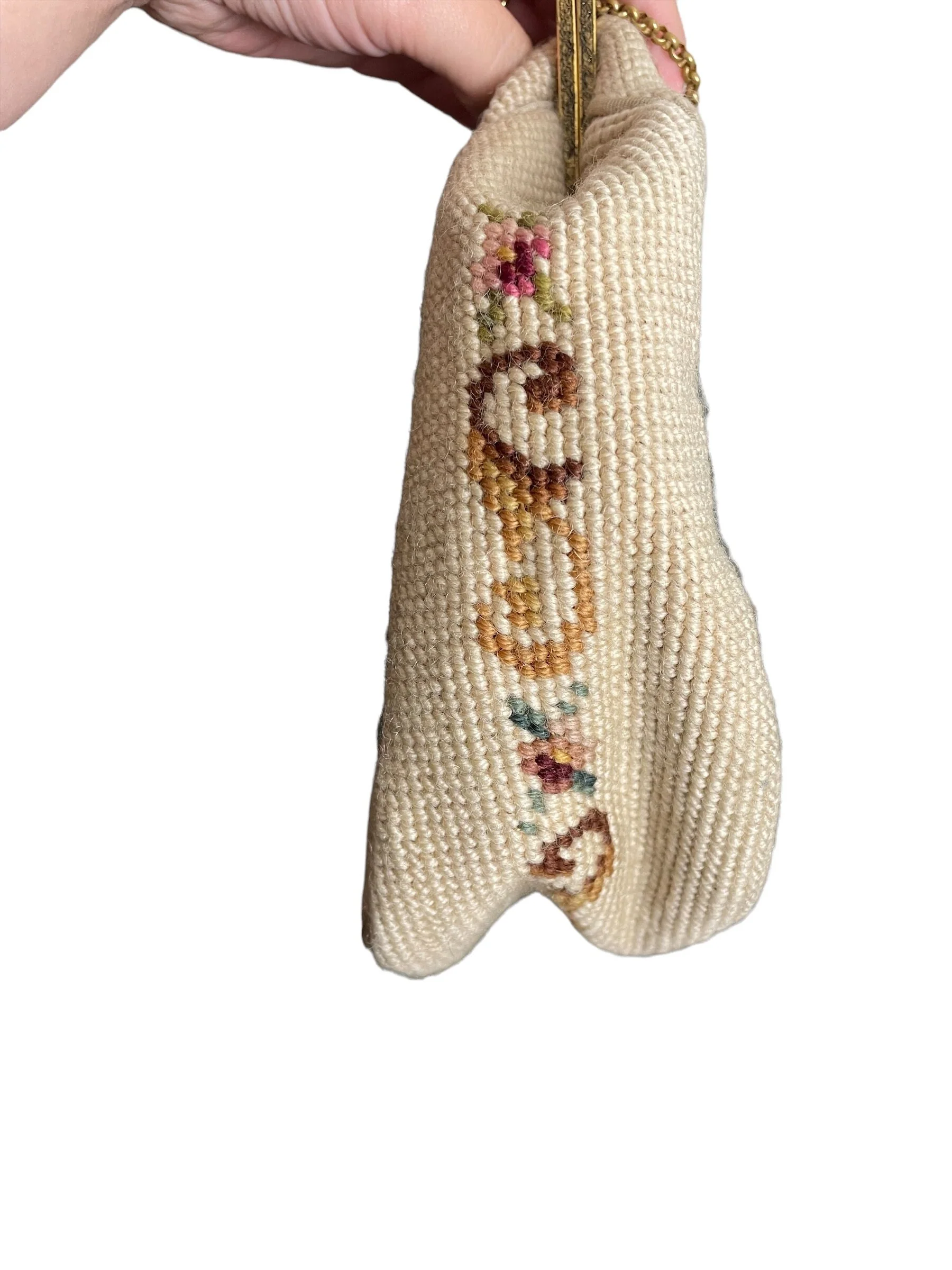 Vintage 50s Needlepoint Beige Floral Filagree Purse Handbag - Image 4
