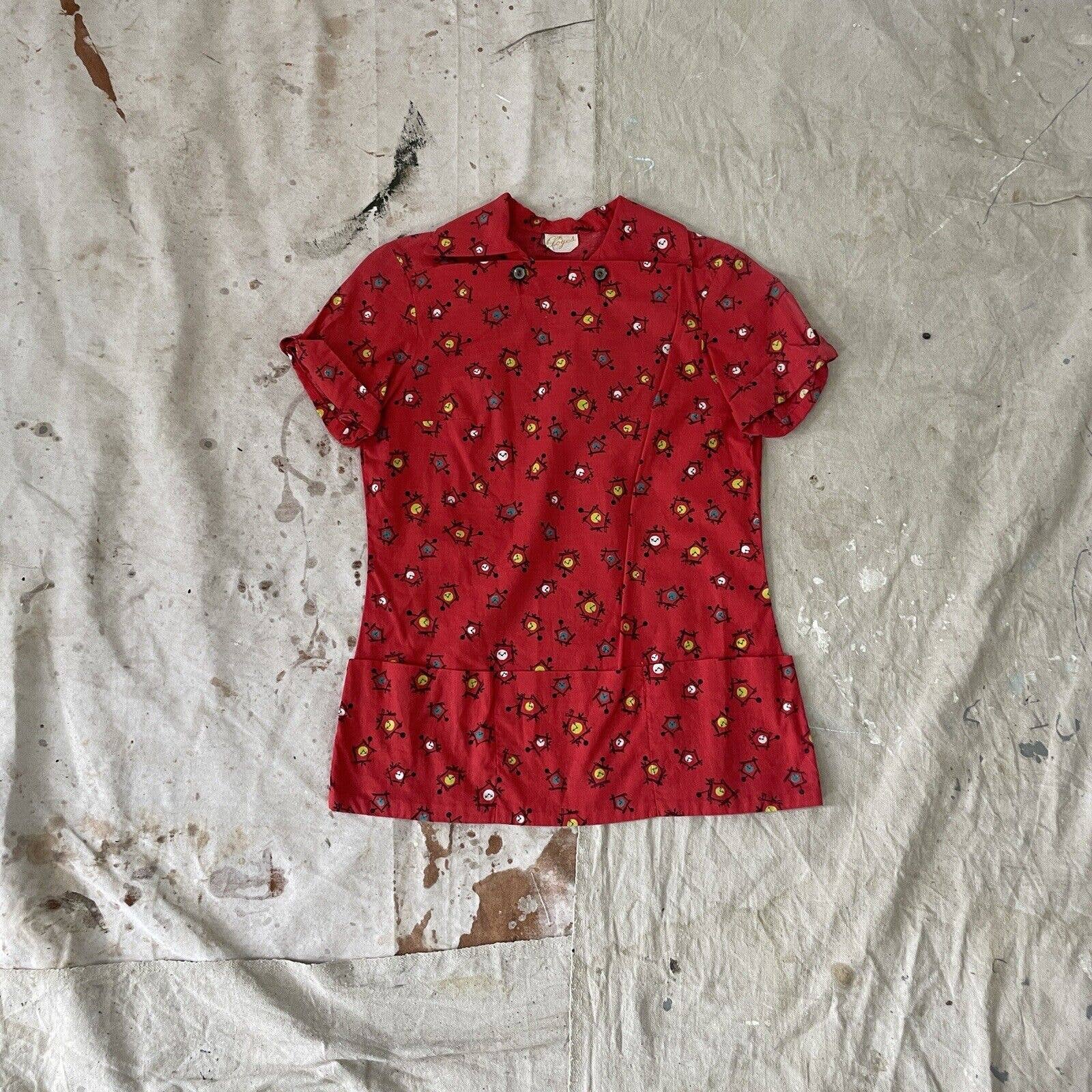 Vintage 50s Novelty Print Cotton Blouse Atomic Clocks Red Tailored - Image 10