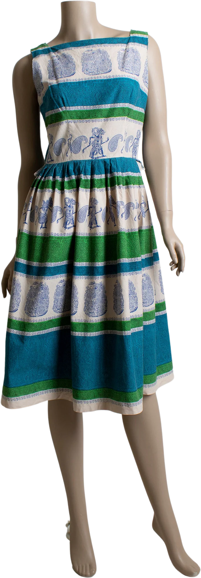 Vintage 50s Novelty Print Dress Shadow Puppet and Paisley Print Cotton Day Dress Aqua Blue Lime Green Small