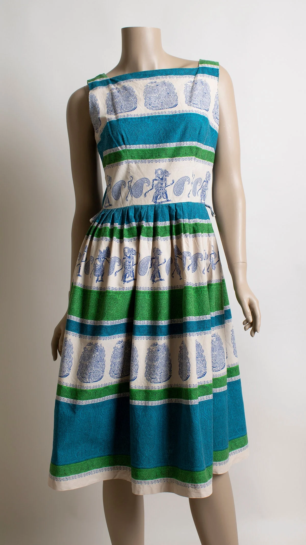 Vintage 50s Novelty Print Dress Shadow Puppet and Paisley Print Cotton Day Dress Aqua Blue Lime Green Small - Image 5