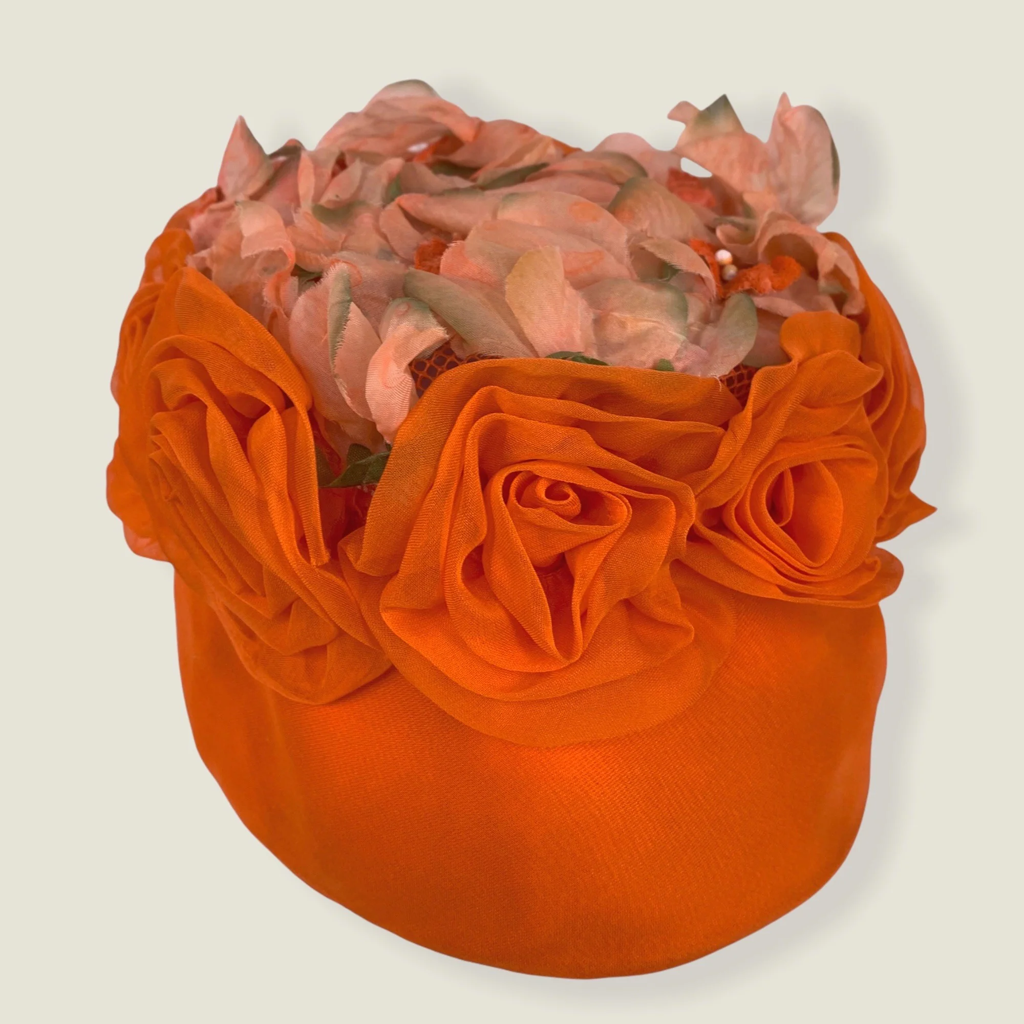 Vintage 50s Orange Floral Peach Basket Hat - Image 3