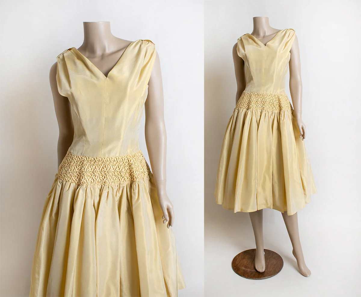 Vintage 50s Party Dress Golden Mustard Yellow Drop Waist Bow Applique Bustle Dress Formal Evening Date Small - Image 3