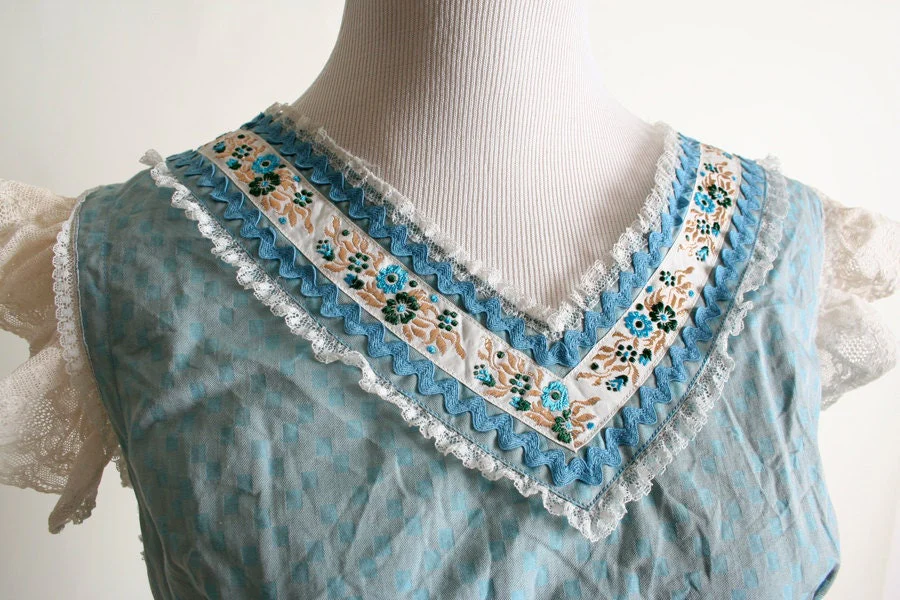 Vintage 50s Patio Blouse and Skirt Set Sky Blue Gingham Cotton Square Dance Dress Small Medium - Image 5