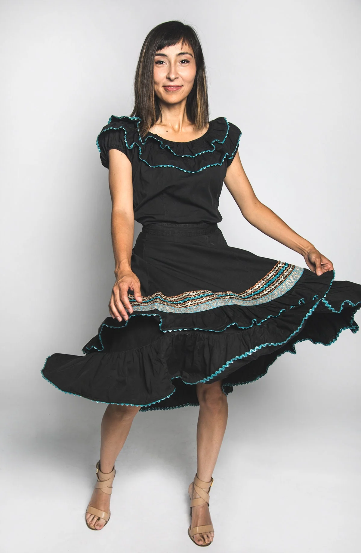 Vintage 50s Patio Skirt and Blouse Set Turquoise Blue Silver Bronze On Black Cotton Full Skirt Country Western Square Dance Small - Image 6