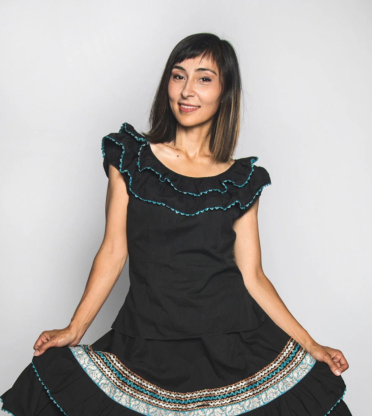 Vintage 50s Patio Skirt and Blouse Set Turquoise Blue Silver Bronze On Black Cotton Full Skirt Country Western Square Dance Small - Image 9