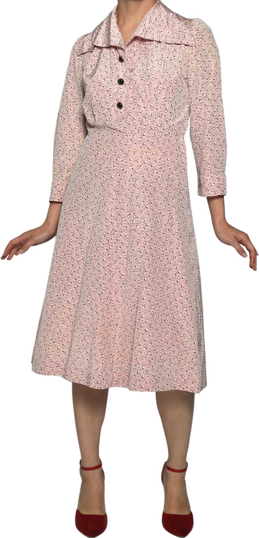Vintage 50s Pink Mid Century Circle Novelty Print Silk Dress Pastel Cotton Candy Shadows - Image 3