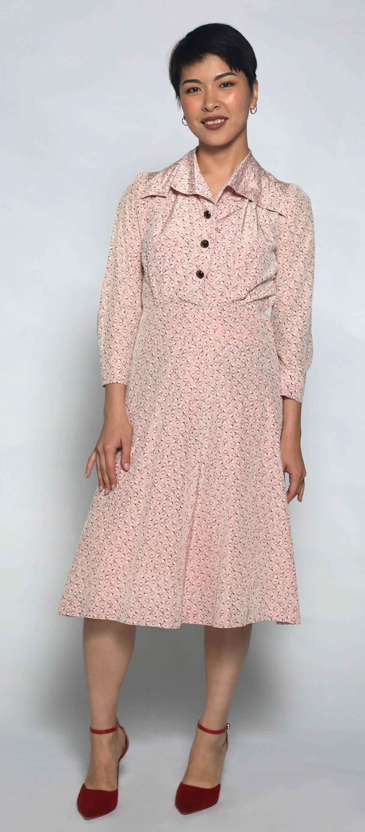 Vintage 50s Pink Mid Century Circle Novelty Print Silk Dress Pastel Cotton Candy Shadows - Image 5