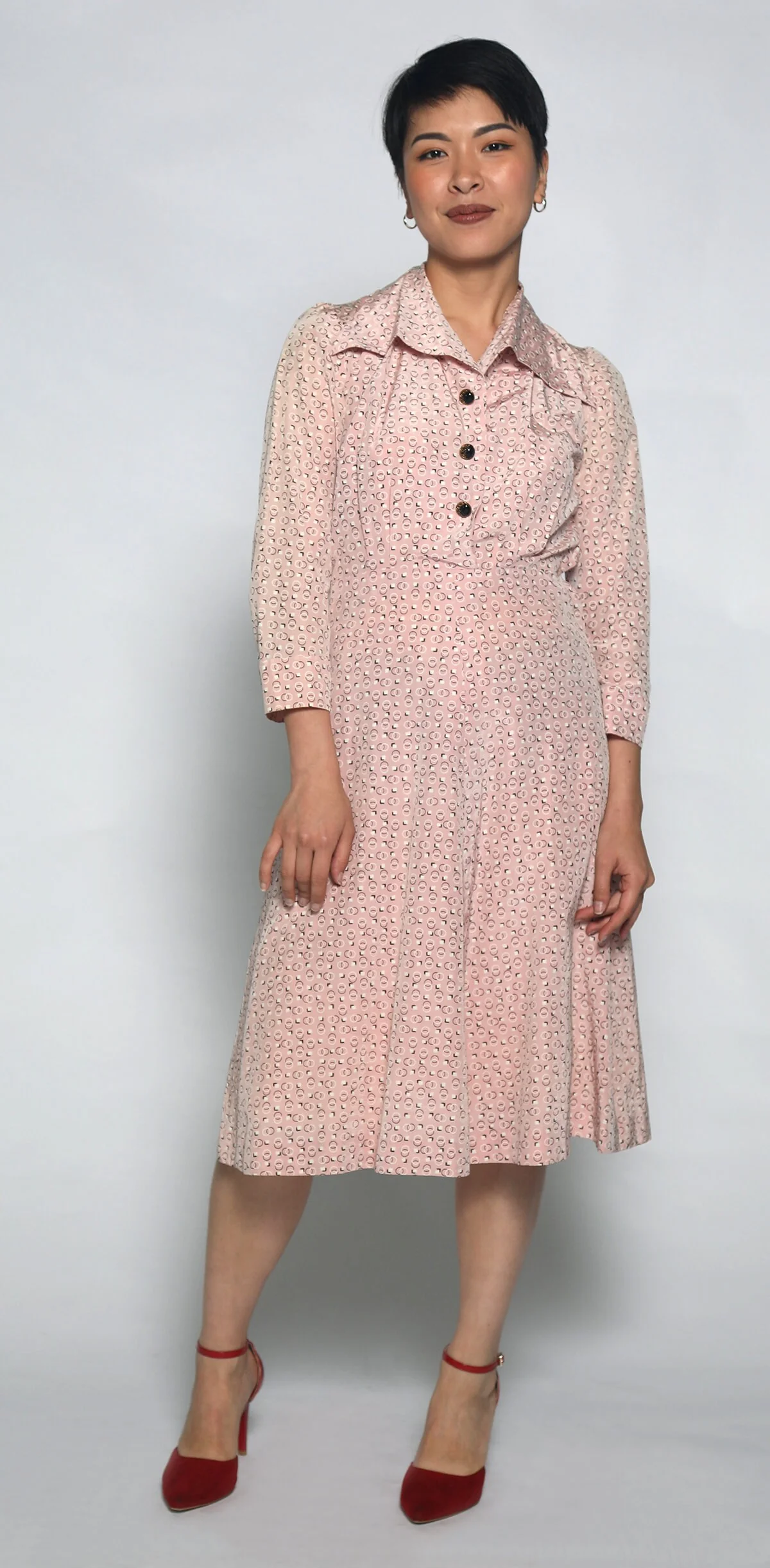 Vintage 50s Pink Mid Century Circle Novelty Print Silk Dress Pastel Cotton Candy Shadows - Image 7