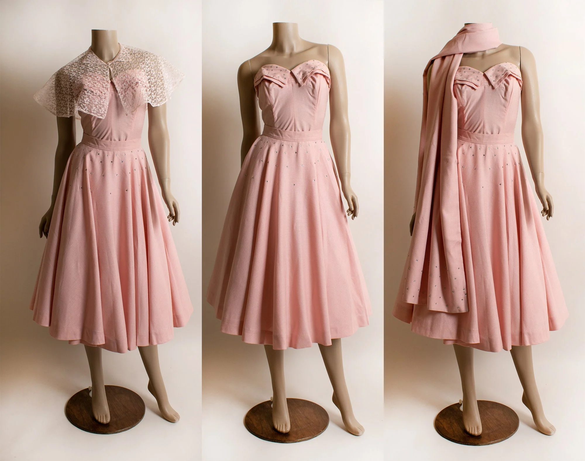 Vintage 50s Pink Rhinestone Top and Skirt Set 4 Piece Outfit with Matching Sash Scarf and Lace Capelet by Fanee California Rockabilly Sm by Fanee of California - Image 3