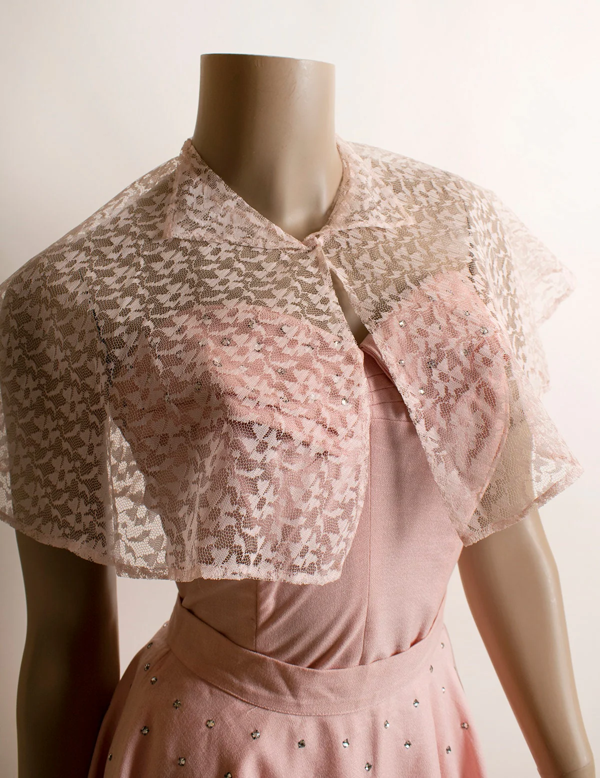 Vintage 50s Pink Rhinestone Top and Skirt Set 4 Piece Outfit with Matching Sash Scarf and Lace Capelet by Fanee California Rockabilly Sm by Fanee of California - Image 9