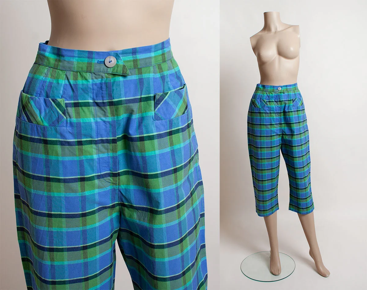 Vintage 50s Plaid Capri Pants Teal Blue and Green Cotton High Waist by Fleischman - Image 3
