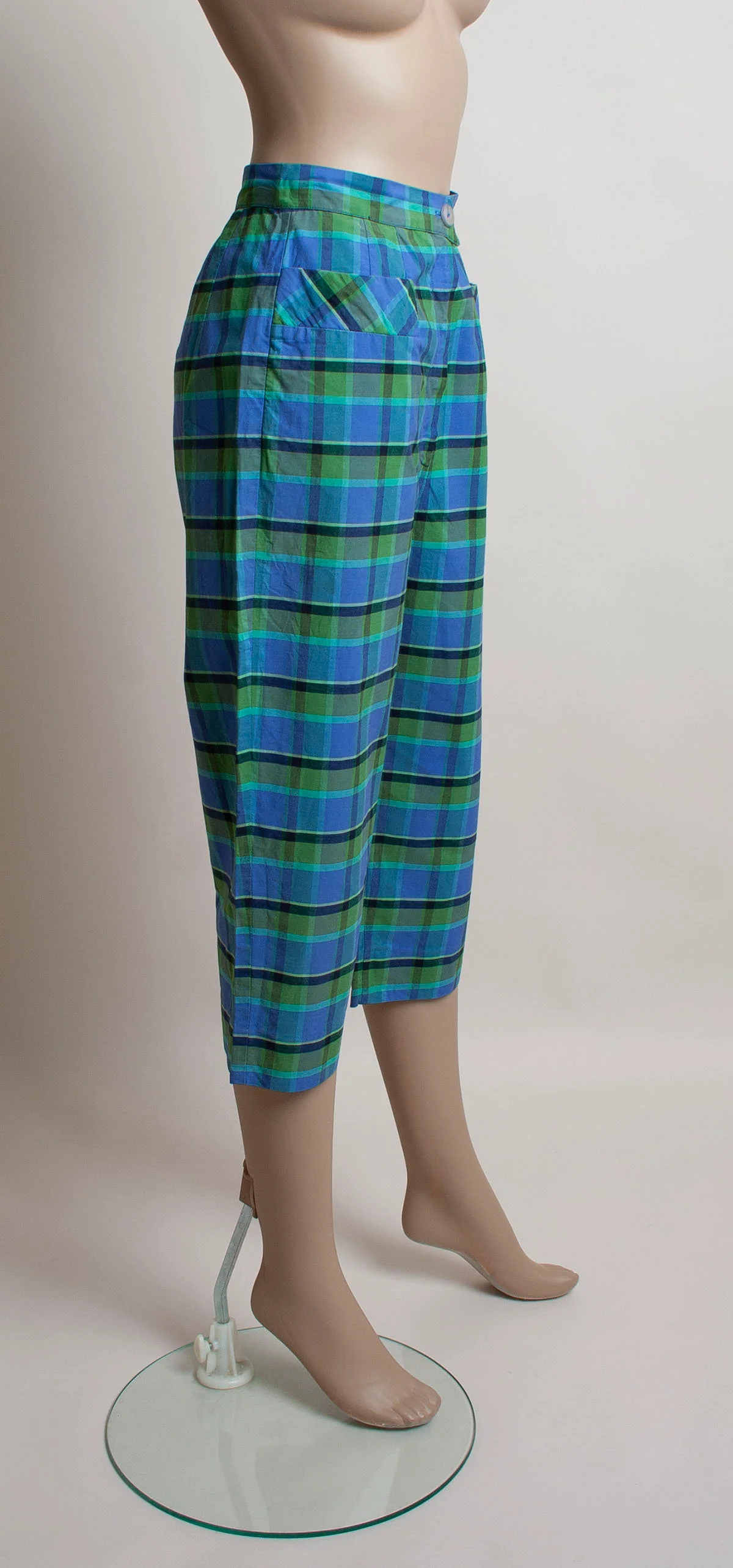 Vintage 50s Plaid Capri Pants Teal Blue and Green Cotton High Waist by Fleischman - Image 4