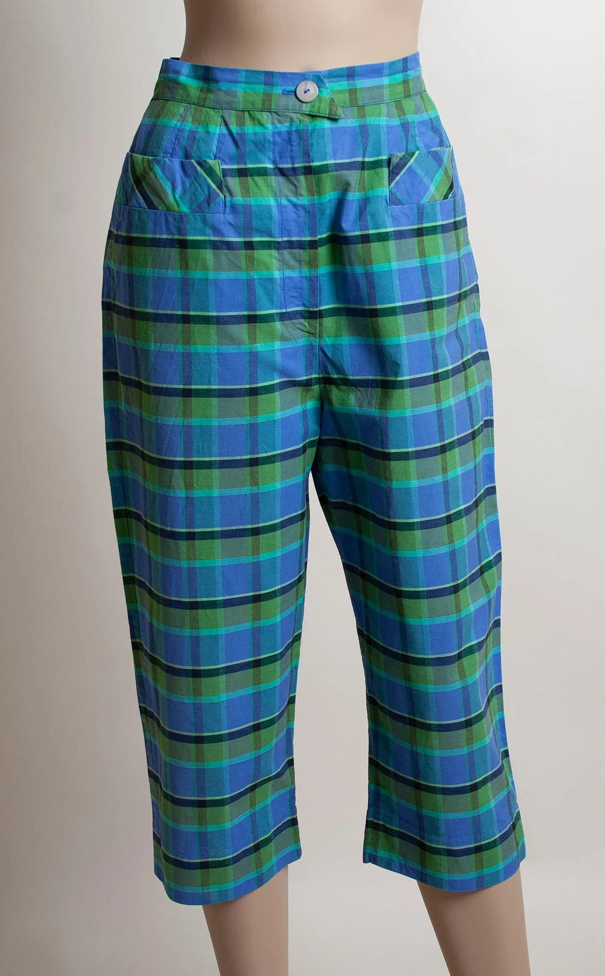 Vintage 50s Plaid Capri Pants Teal Blue and Green Cotton High Waist by Fleischman - Image 5