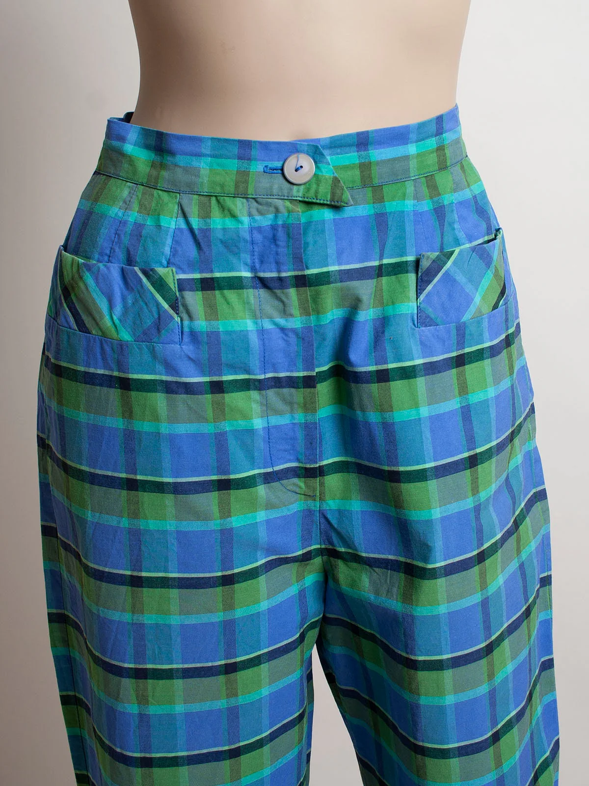 Vintage 50s Plaid Capri Pants Teal Blue and Green Cotton High Waist by Fleischman - Image 6