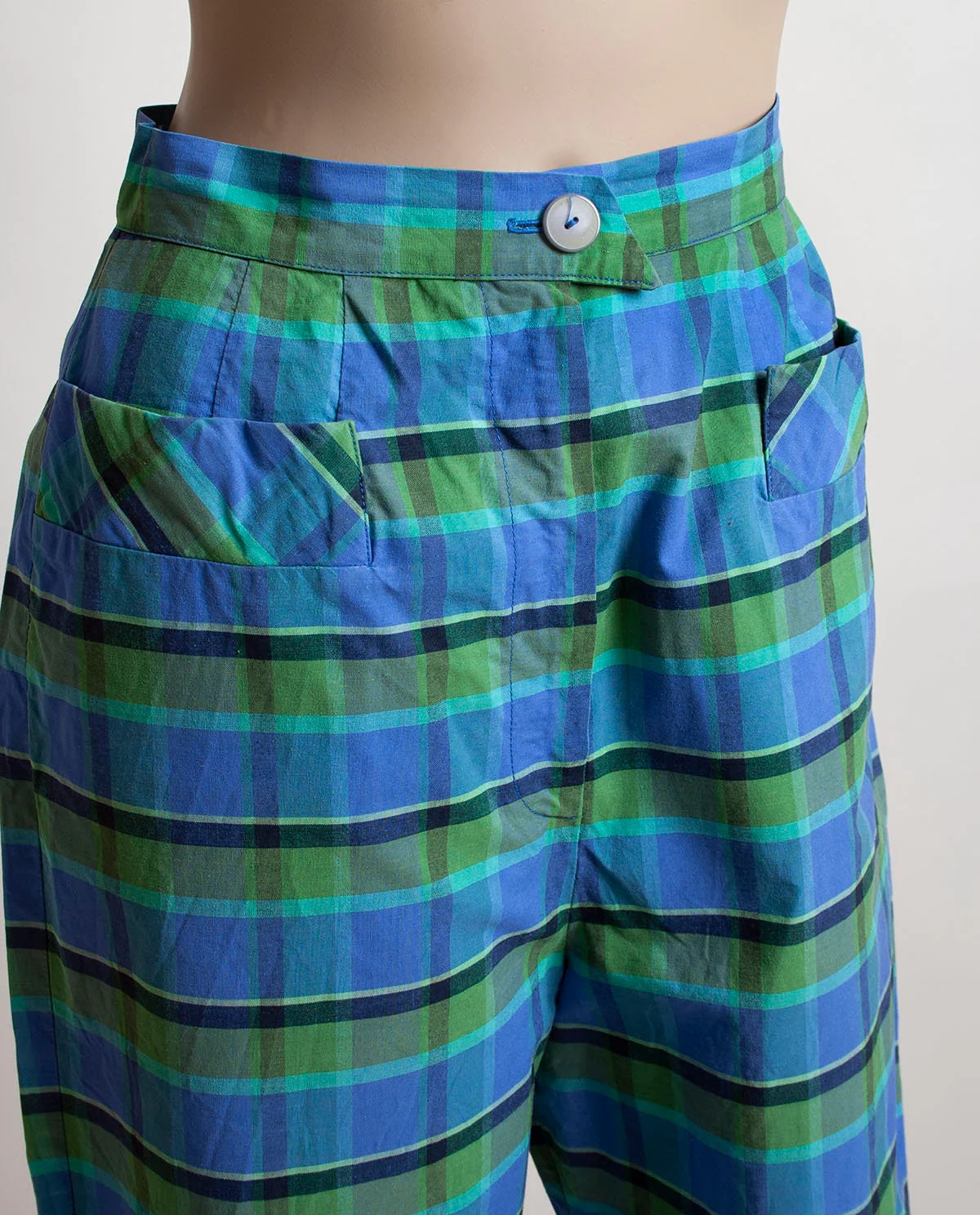 Vintage 50s Plaid Capri Pants Teal Blue and Green Cotton High Waist by Fleischman - Image 7