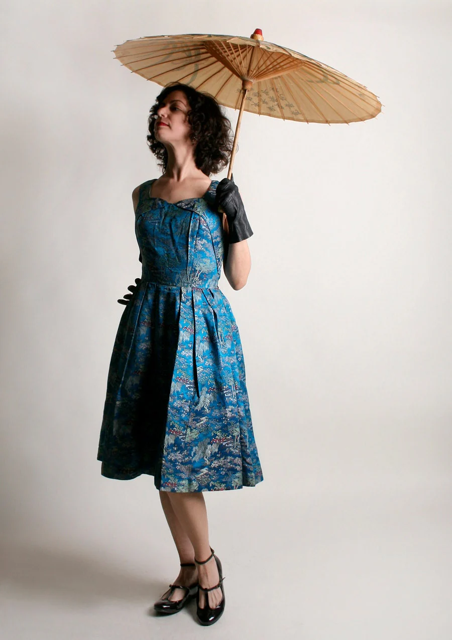 Vintage 50s Print Dress - 50s Novelty Print Metallic Brocade Cocktail Dress - Rockabilly Vlv - Full Skirt - Small - Image 4