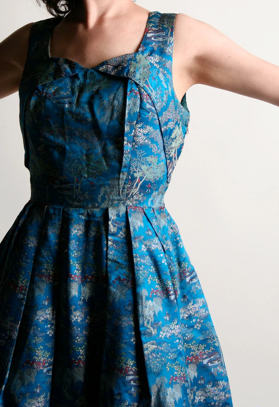 Vintage 50s Print Dress - 50s Novelty Print Metallic Brocade Cocktail Dress - Rockabilly Vlv - Full Skirt - Small - Image 5