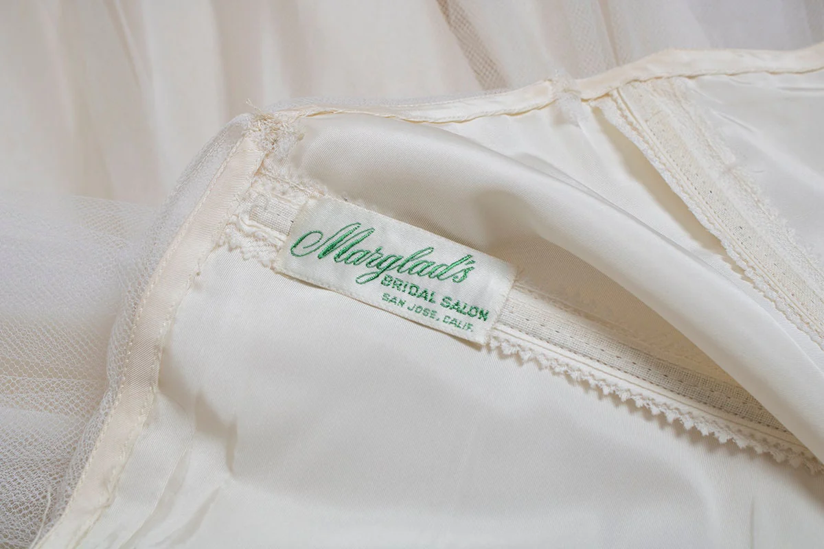 Vintage 50s Prom White and Pink Flower Applique Tulle Strapless Bridal Wedding Dress by Marglad's Bridal Salon - Image 9