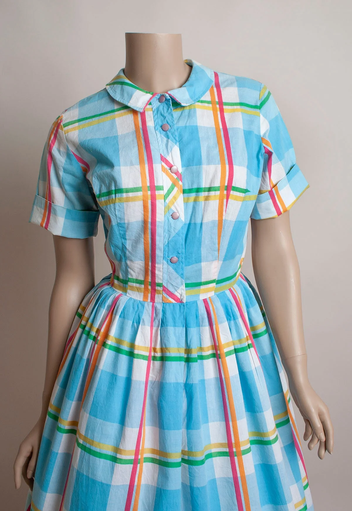 Vintage 50s Rainbow Plaid Cotton Shirtwaist Dress with Button Up Bodice Pastel Blues - Image 5