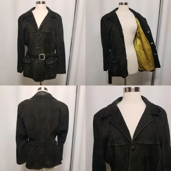 Vintage 50s Rancher Buckskin Black Suede Leather Belted Button Down Coat Md by Custom Coat Co Inc - Image 3