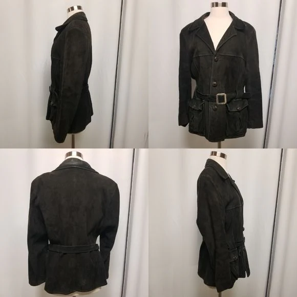 Vintage 50s Rancher Buckskin Black Suede Leather Belted Button Down Coat Md by Custom Coat Co Inc - Image 4