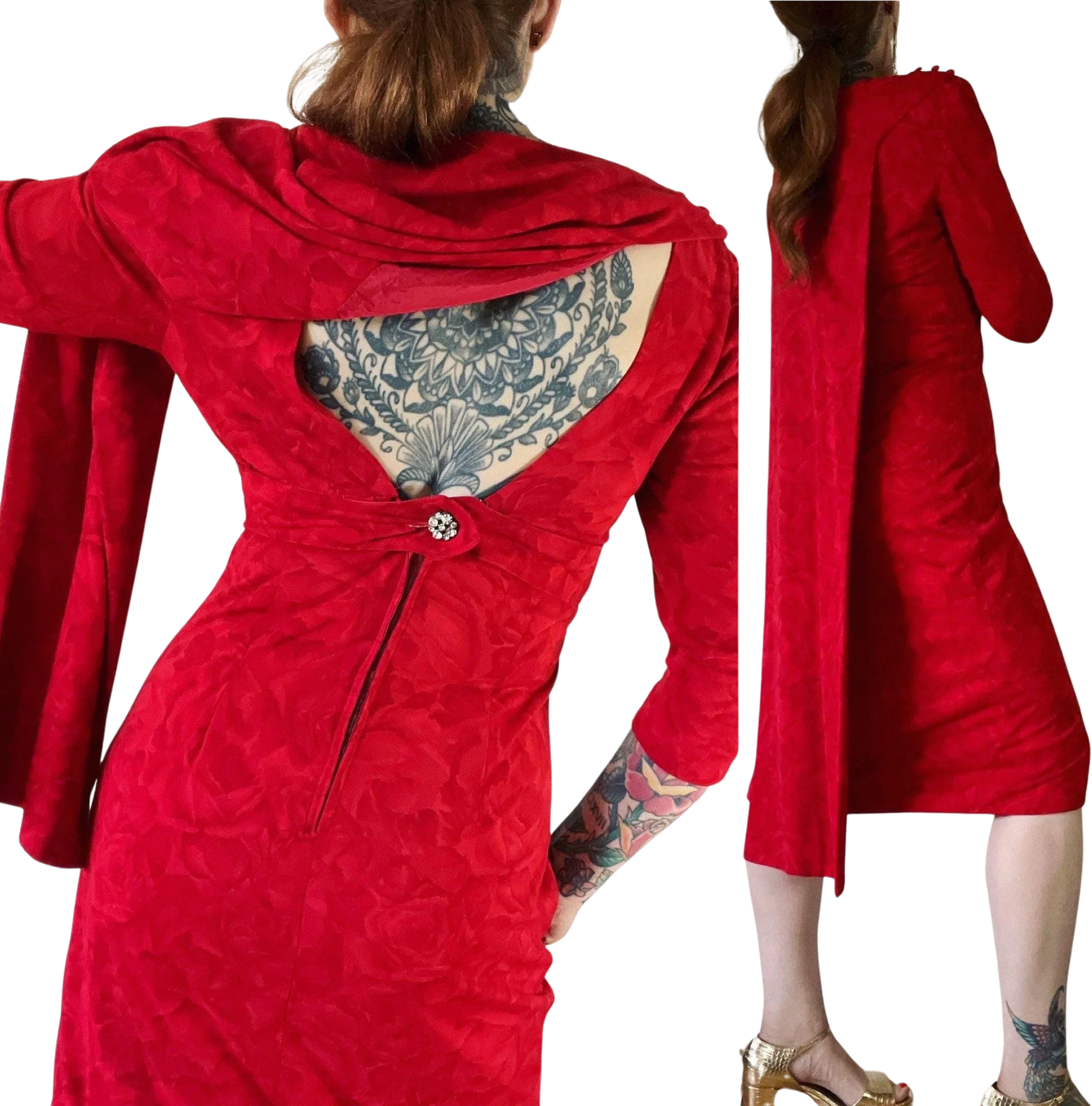 Vintage 50s Red Floral Print Caped Back Cocktail Dress with a Deep V Back Rhinestone Encrusted Back