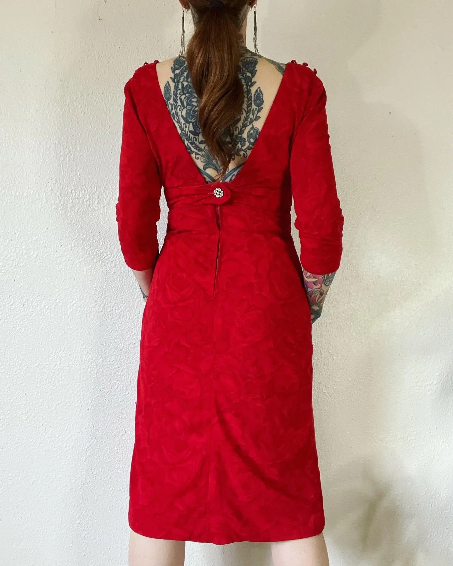 Vintage 50s Red Floral Print Caped Back Cocktail Dress with a Deep V Back Rhinestone Encrusted Back - Image 5