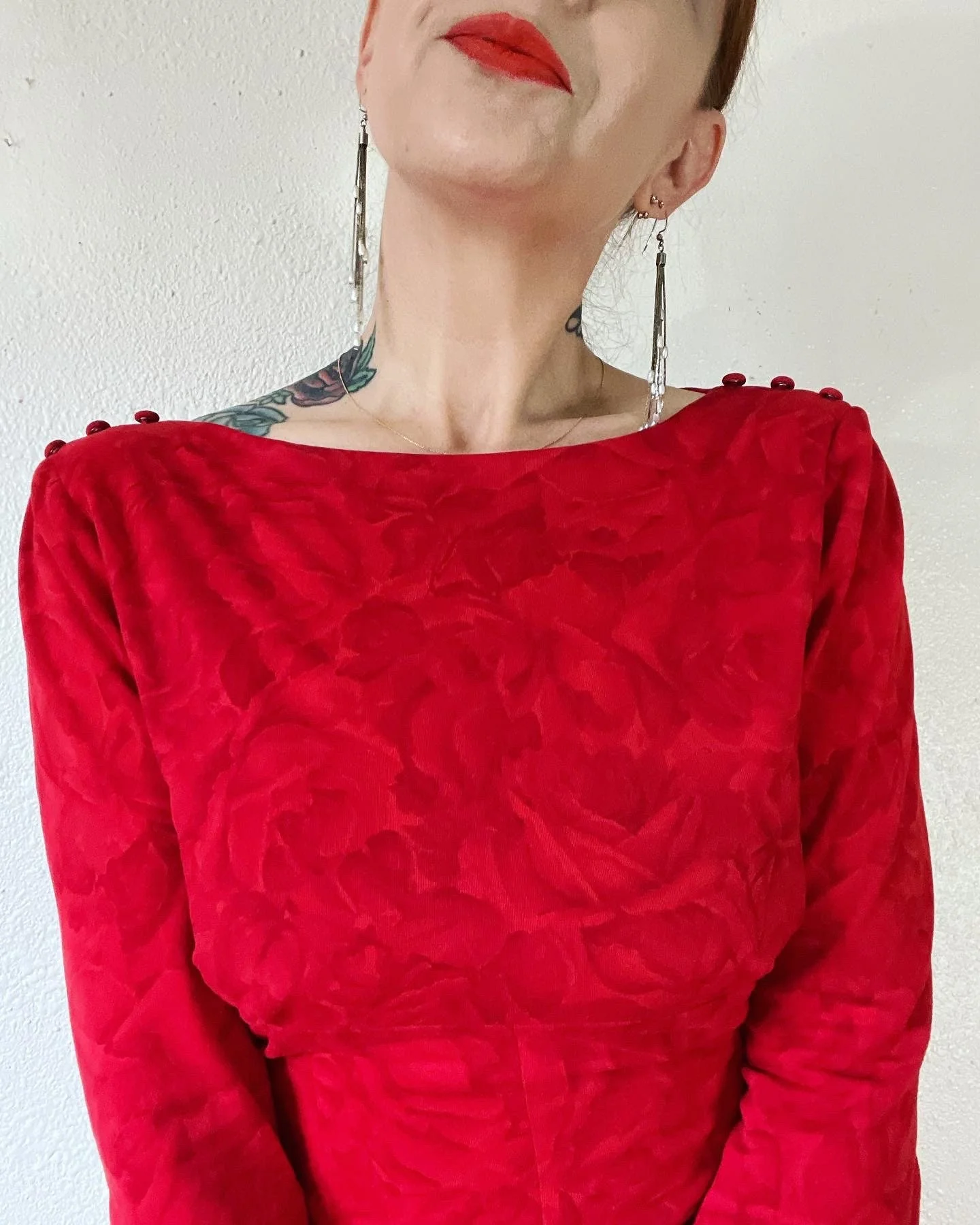 Vintage 50s Red Floral Print Caped Back Cocktail Dress with a Deep V Back Rhinestone Encrusted Back - Image 6