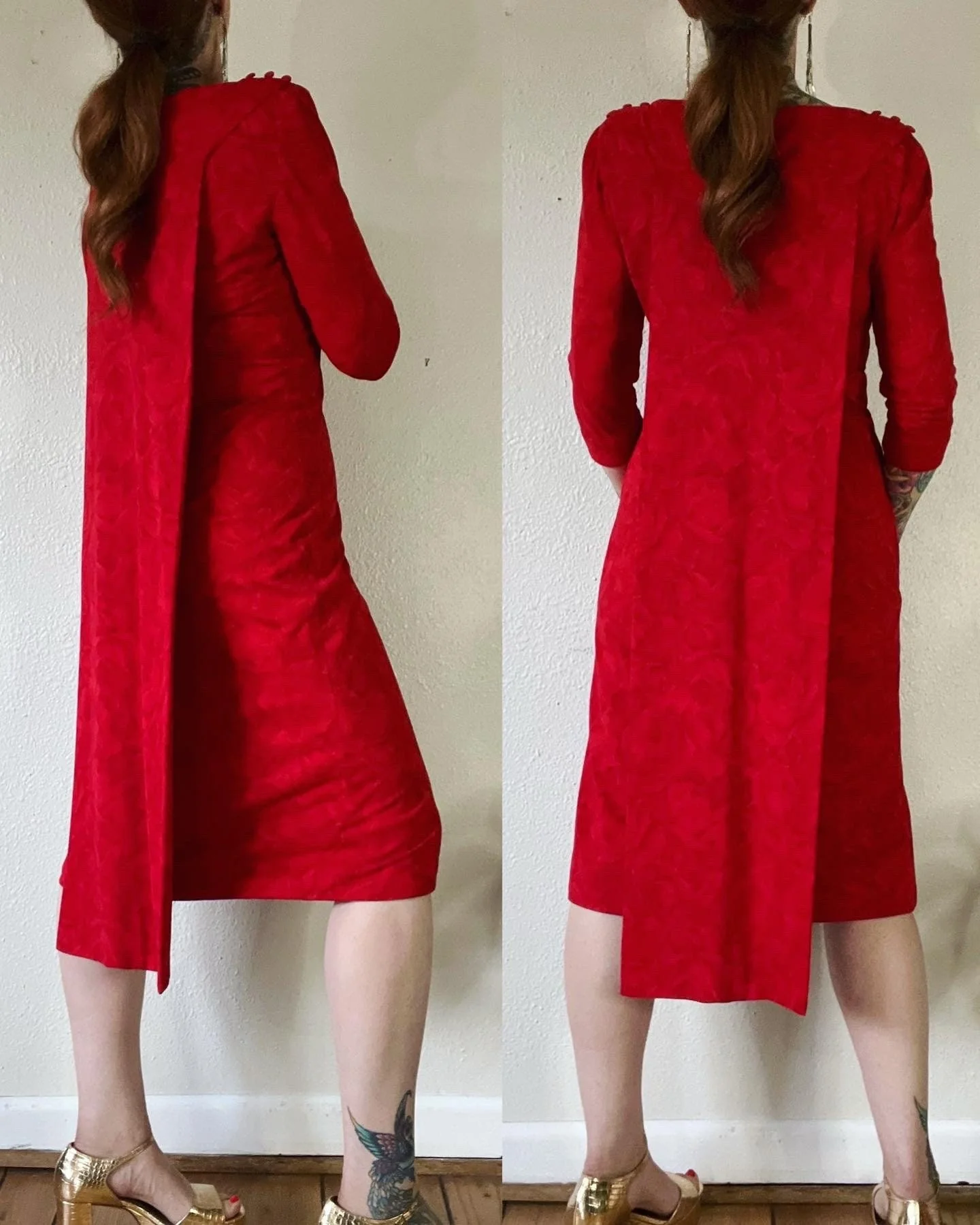 Vintage 50s Red Floral Print Caped Back Cocktail Dress with a Deep V Back Rhinestone Encrusted Back - Image 7