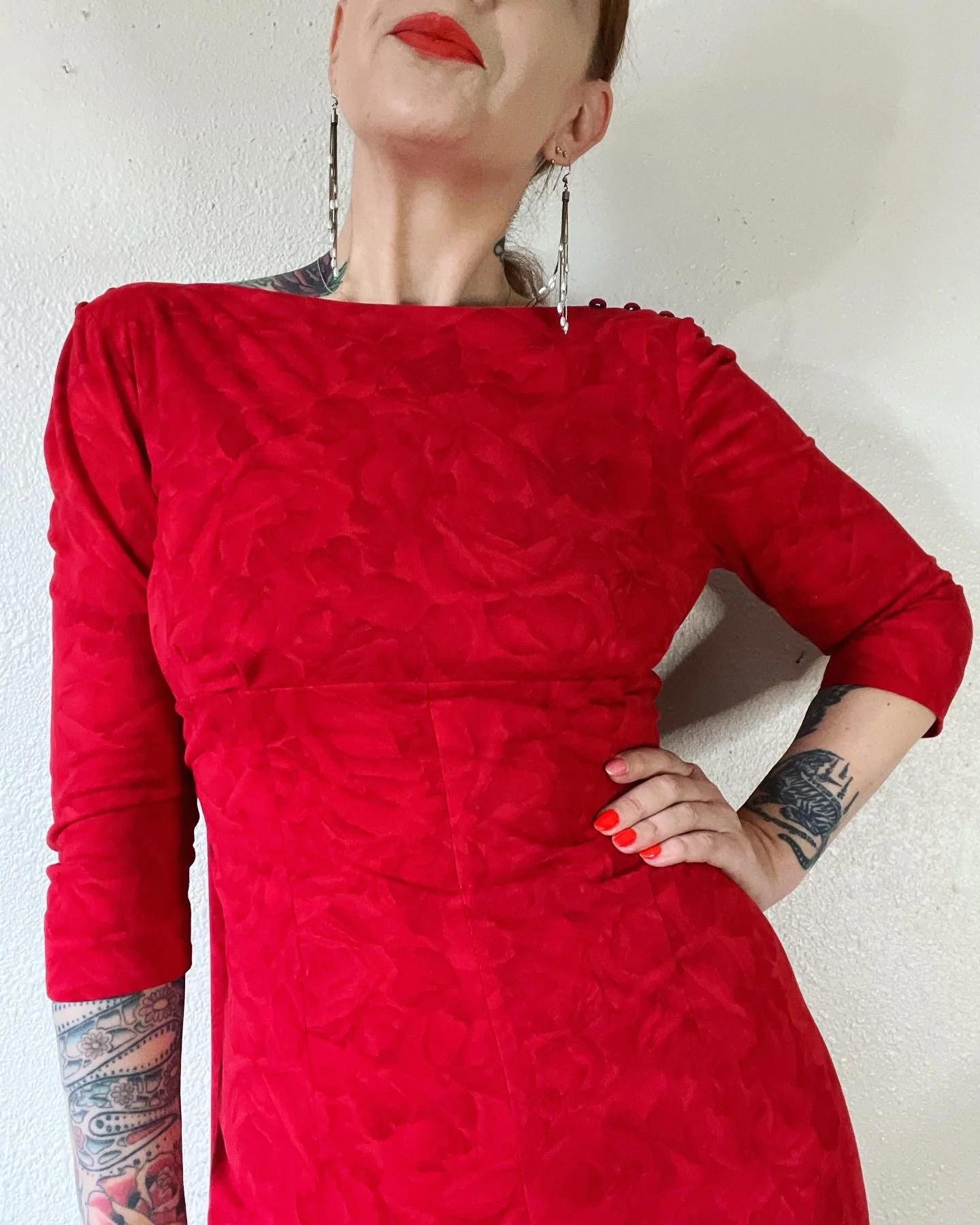 Vintage 50s Red Floral Print Caped Back Cocktail Dress with a Deep V Back Rhinestone Encrusted Back - Image 8