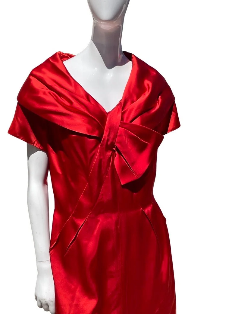 Vintage 50s Red Satin Cocktail Dress Party Size 18 Modern 10-12 High Fashion - Image 3