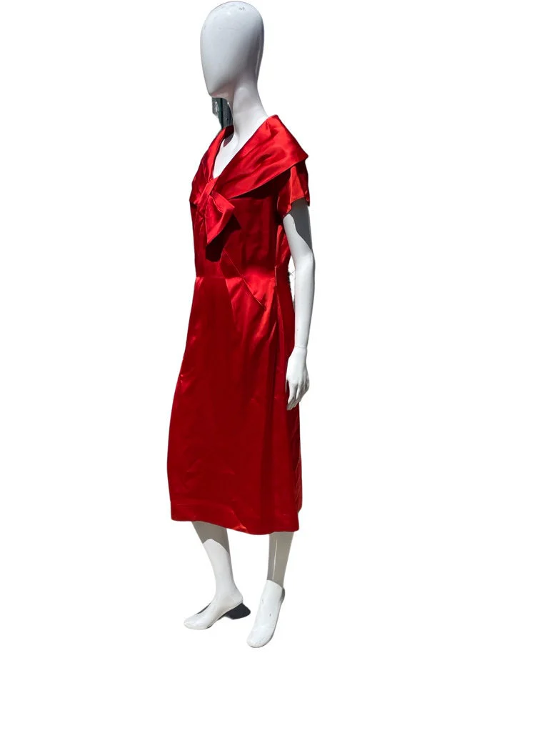 Vintage 50s Red Satin Cocktail Dress Party Size 18 Modern 10-12 High Fashion - Image 4