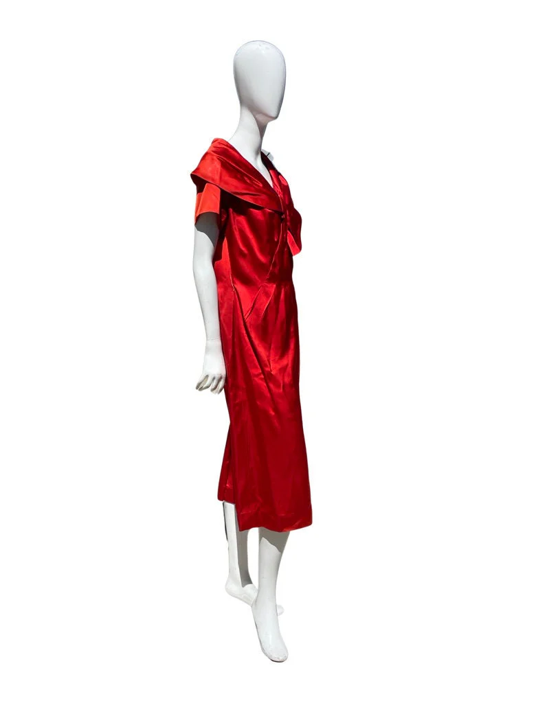 Vintage 50s Red Satin Cocktail Dress Party Size 18 Modern 10-12 High Fashion - Image 7