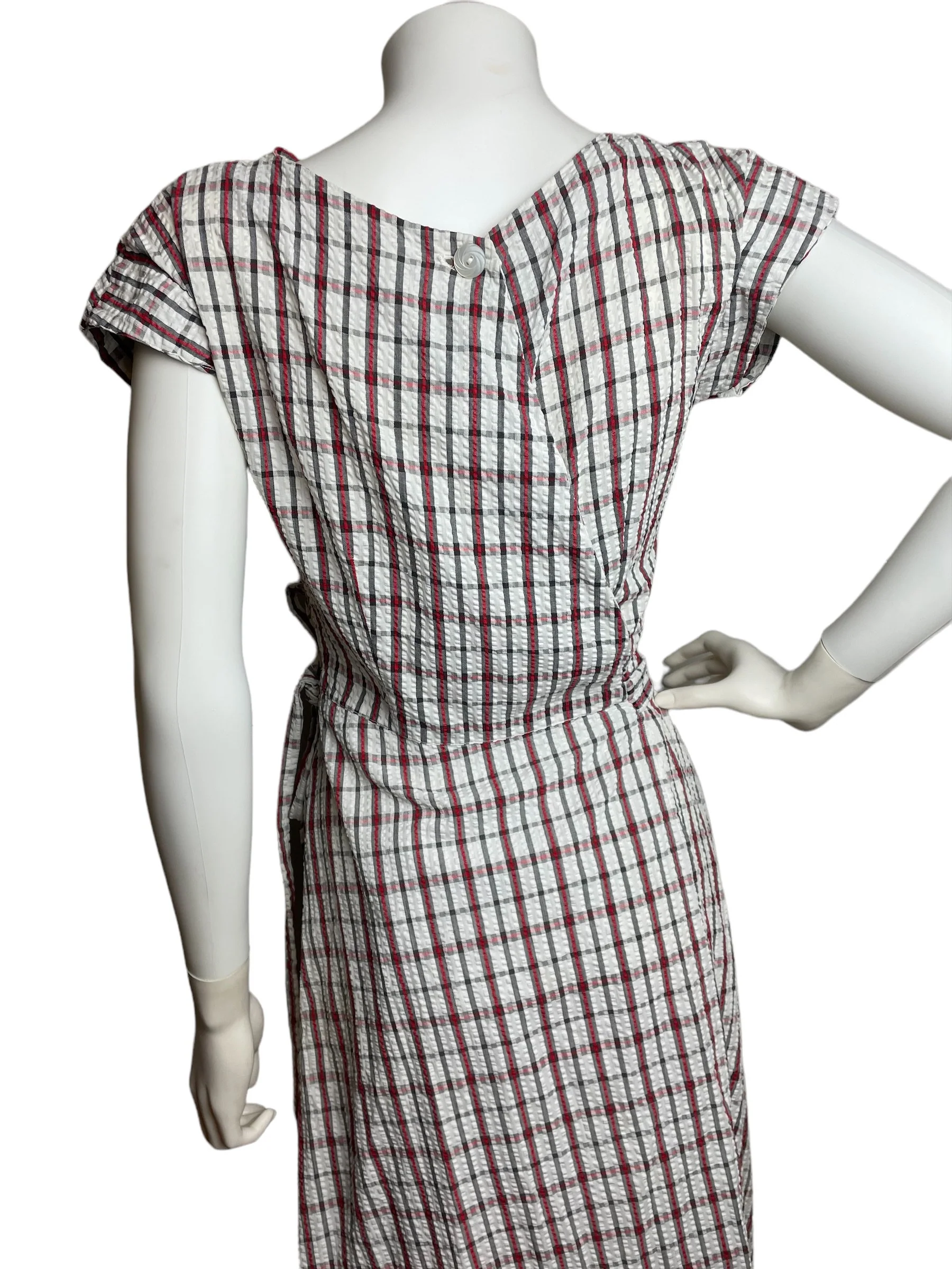 Vintage 50s Red White Navy Blue Wrap Dress Ruffles Plaid Stripes Pockets - Image 6