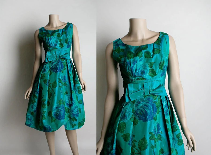 Vintage 50s Rose Party Dress Emerald and Aquamarine Teal Taffeta Shimmery Cocktail Party Floral Prom Dress Small - Image 3