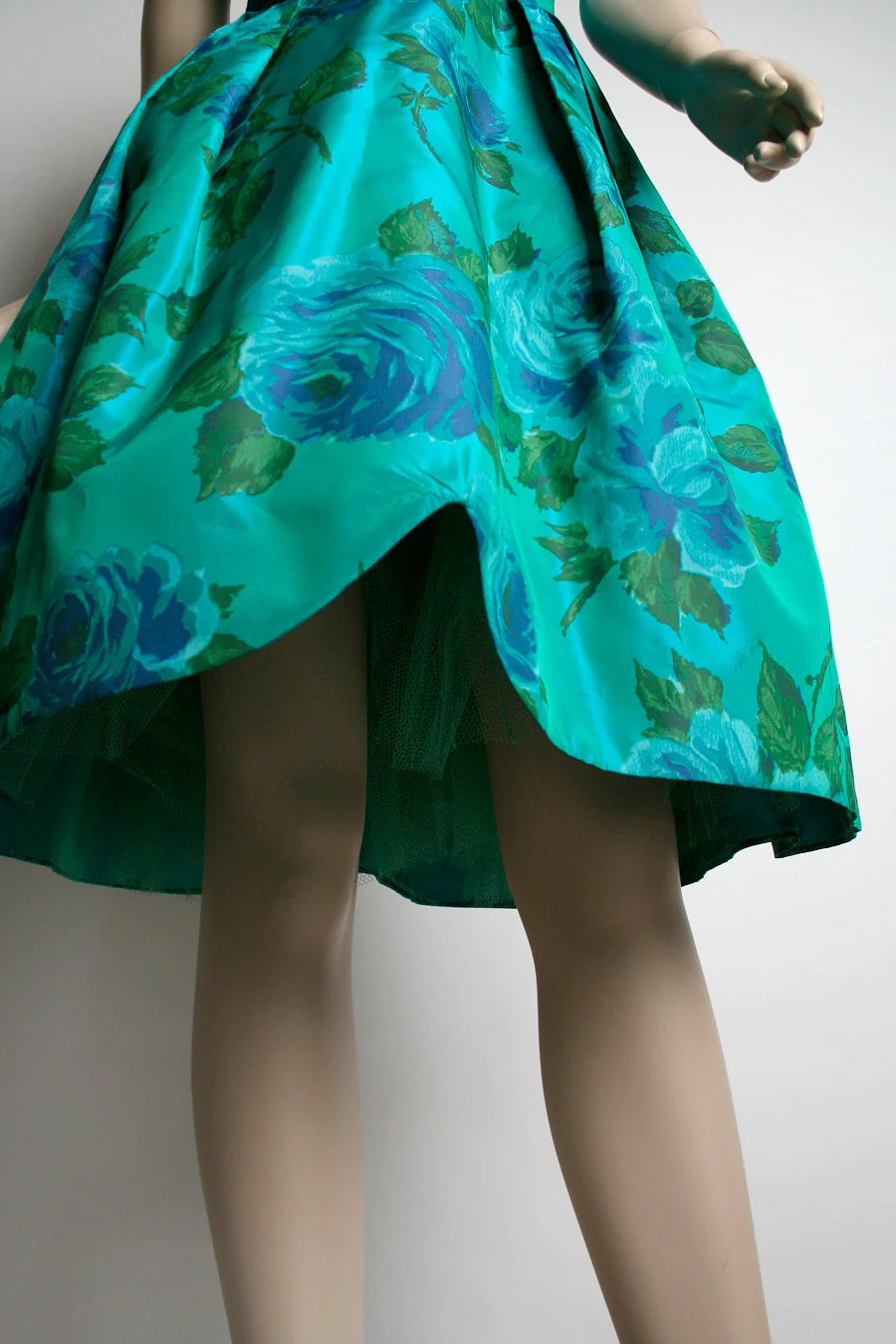 Vintage 50s Rose Party Dress Emerald and Aquamarine Teal Taffeta Shimmery Cocktail Party Floral Prom Dress Small - Image 5