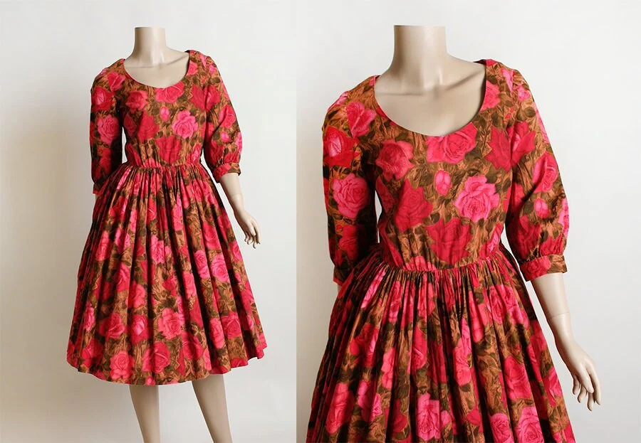Vintage 50s Rose Print Dress Early 60s Cotton Floral Print Pink Red and Brown Flower Garden Long Sleeve Full Skirt Small - Image 3