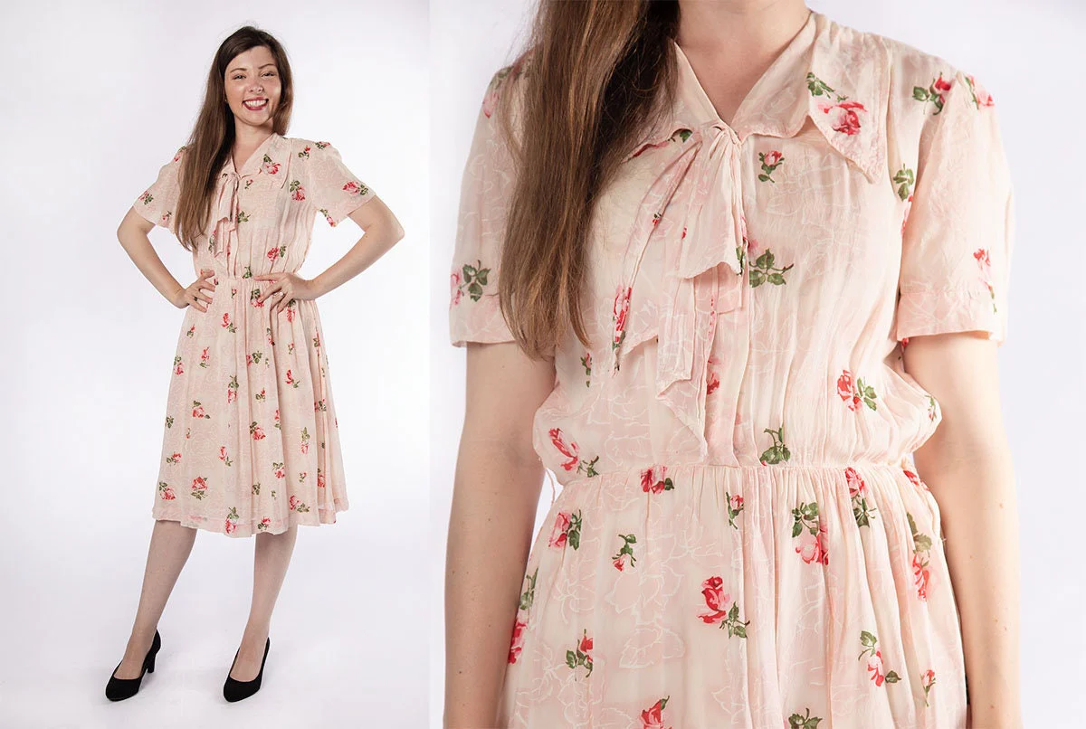 Vintage 50s Sheer Floral Print Casual Handmade Dress In Light Pink and Magenta - Image 3