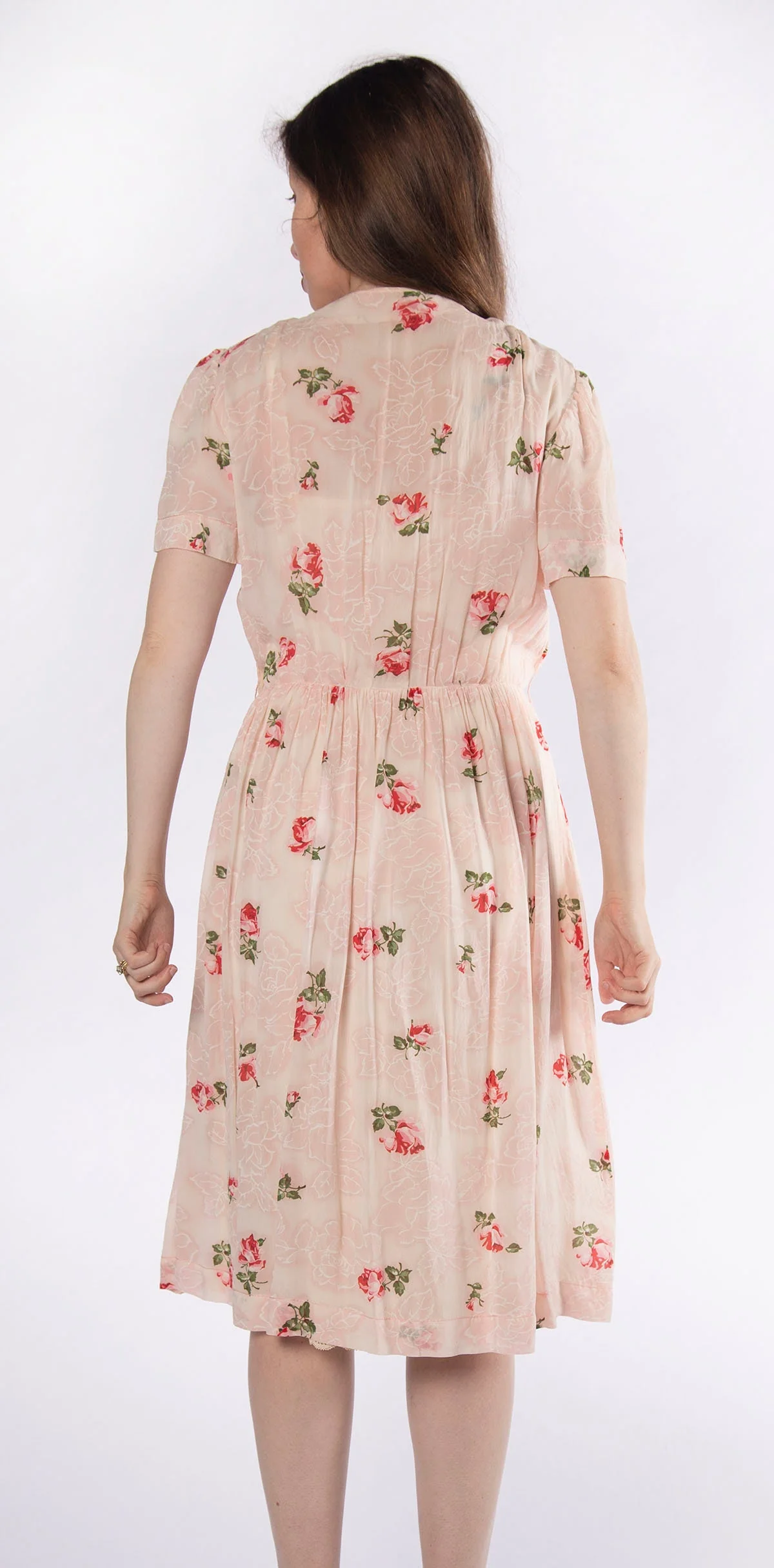 Vintage 50s Sheer Floral Print Casual Handmade Dress In Light Pink and Magenta - Image 6
