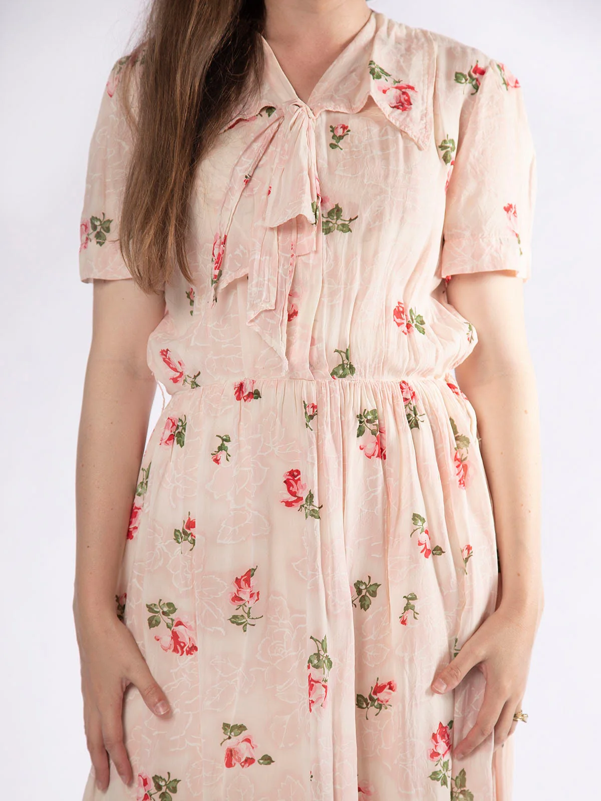 Vintage 50s Sheer Floral Print Casual Handmade Dress In Light Pink and Magenta - Image 9