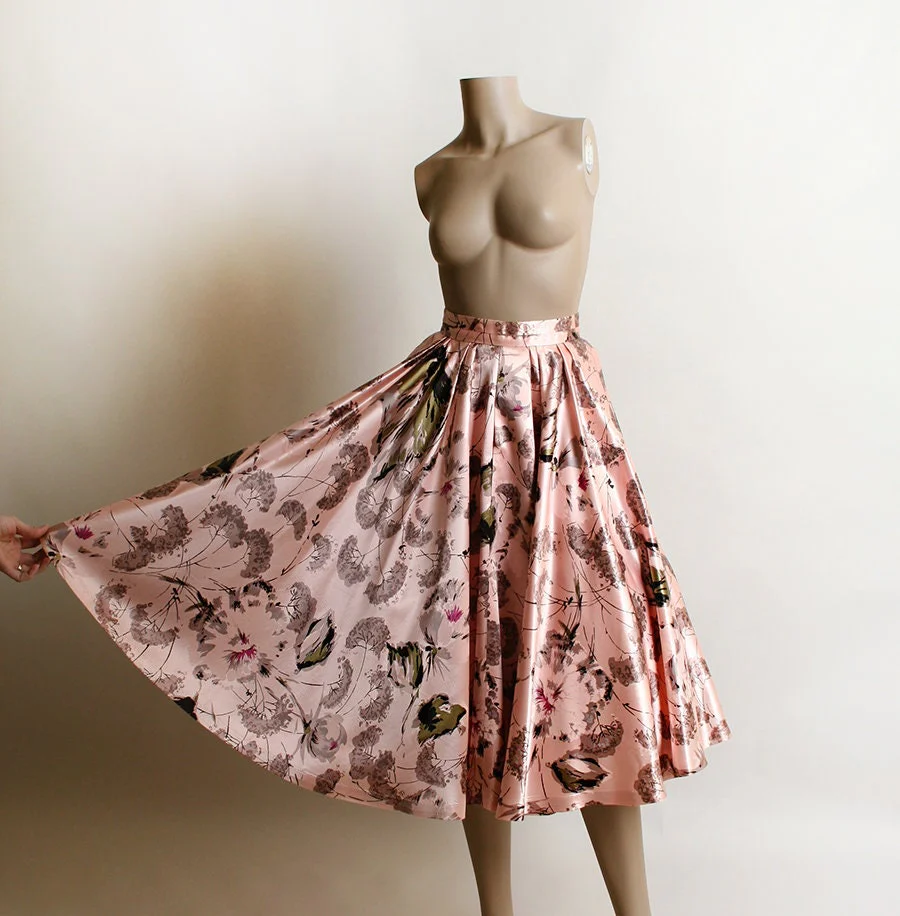 Vintage 50s Skirt Pink Cherry Tree and Floral Blossom Print Satin Full Skirt Iridescent Garden Print Tea Length Midi Pocket Small - Image 3