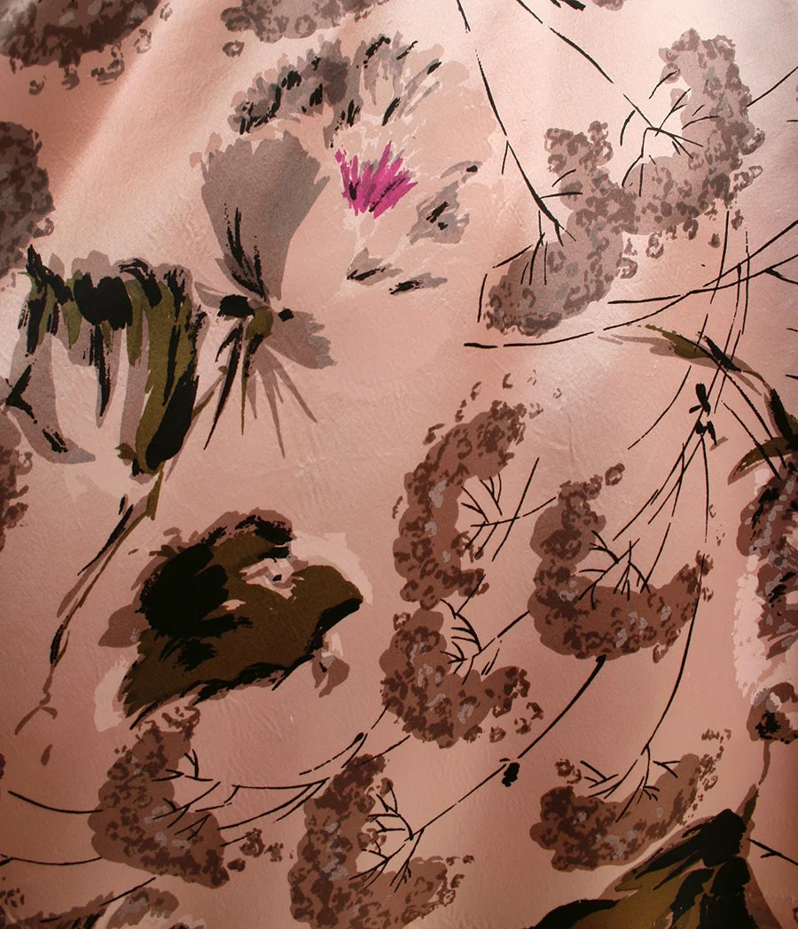 Vintage 50s Skirt Pink Cherry Tree and Floral Blossom Print Satin Full Skirt Iridescent Garden Print Tea Length Midi Pocket Small - Image 4