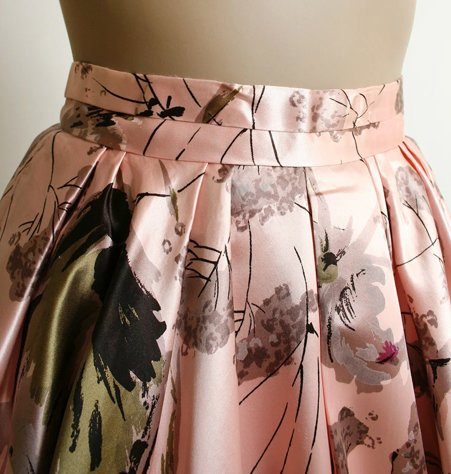 Vintage 50s Skirt Pink Cherry Tree and Floral Blossom Print Satin Full Skirt Iridescent Garden Print Tea Length Midi Pocket Small - Image 5