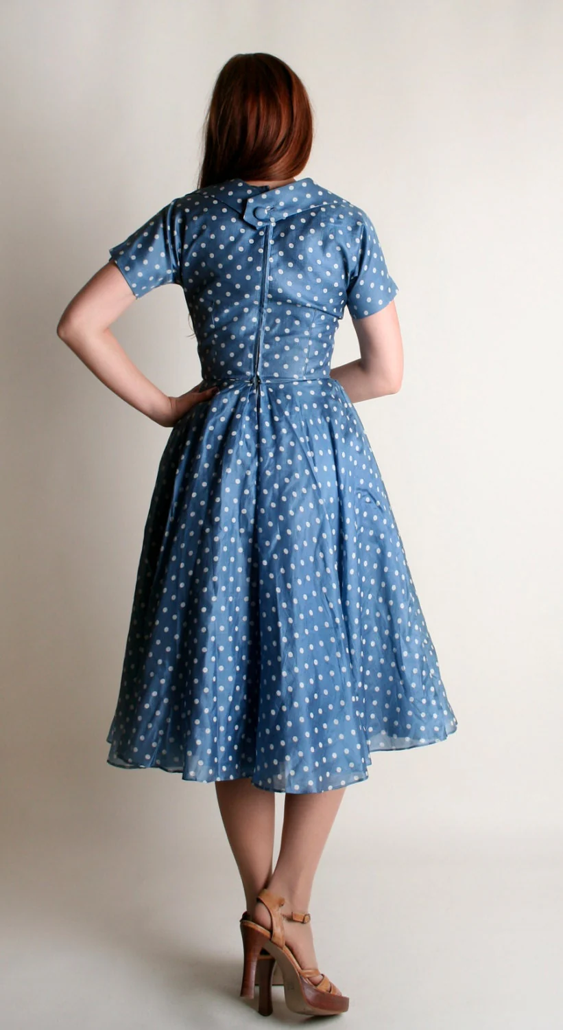 Vintage 50s Sky Blue Polka Dot Silk Party Dress Mid-Century Evening Glam by I. Magnin - Image 3