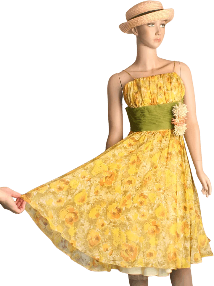 Vintage 50s Sundress Floral Print Sheer Ruched Flower Applique Sun Yellow Party Dress by Julius Garfinckel & Co.